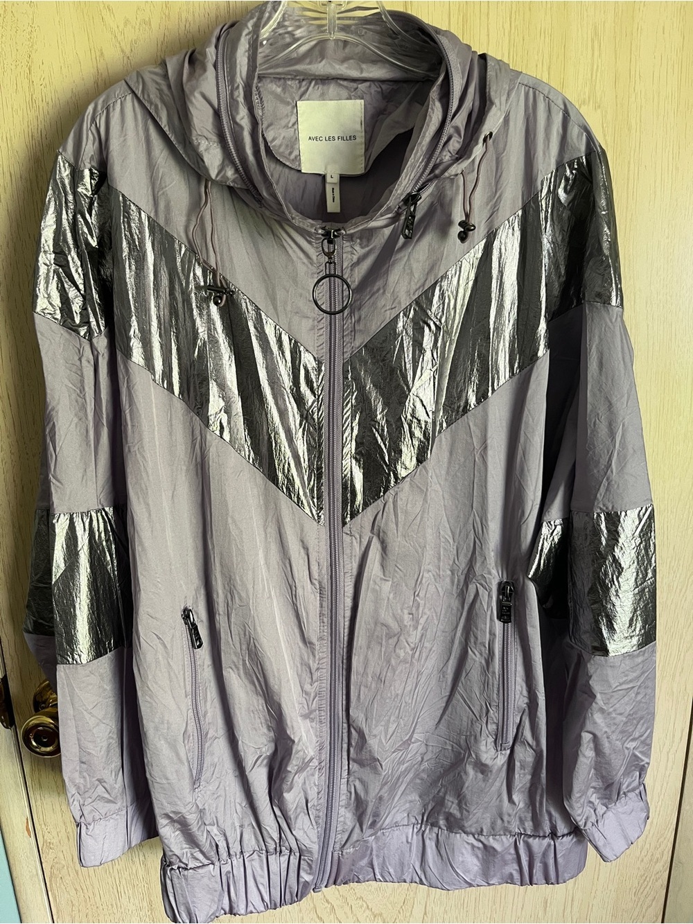 Avec Les Filles Anthropologie Windbreaker Jacket Lavender Silver w/ Hood Size L